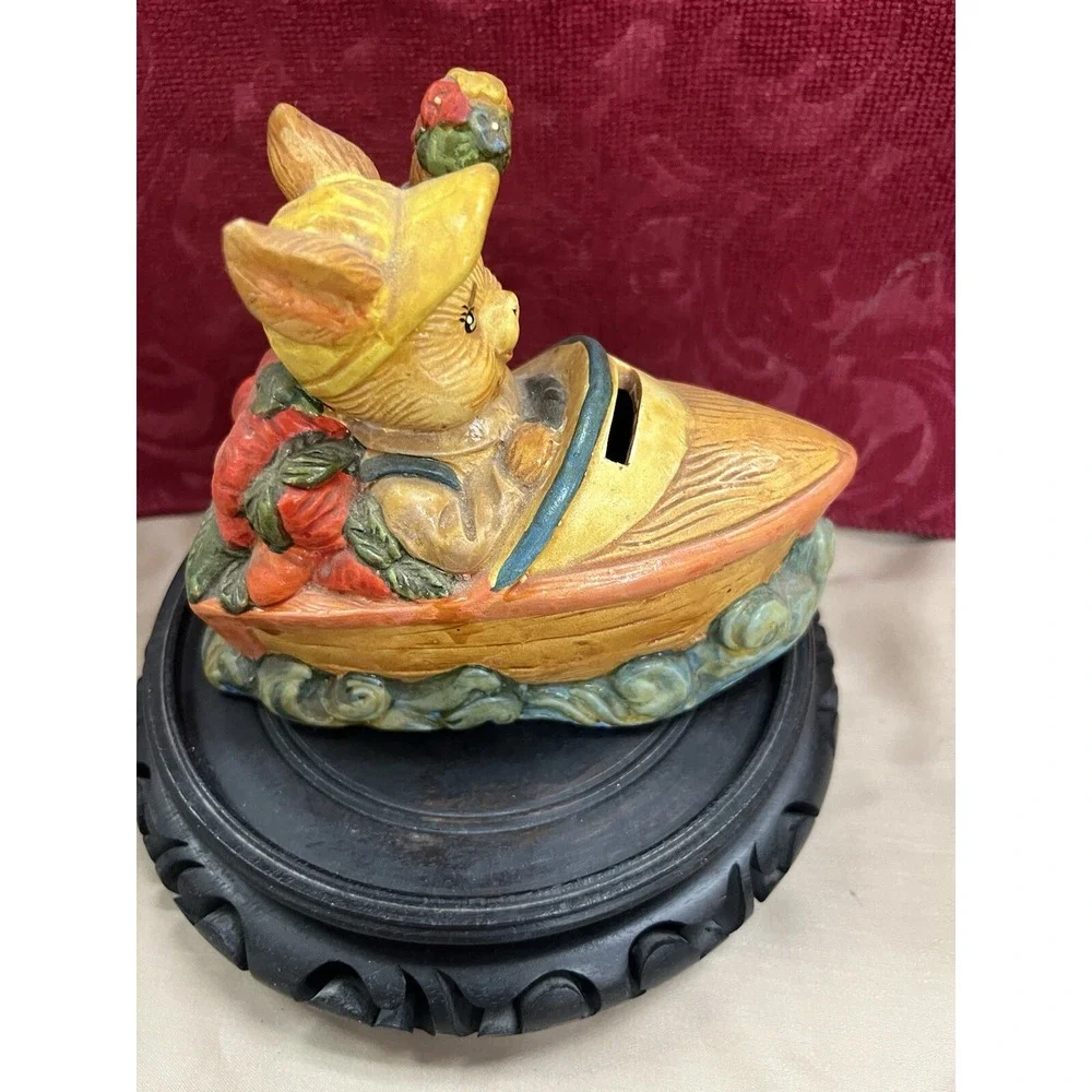 Vintage Ceramic Coin Bank Rabbit In Boat‎ (1217)